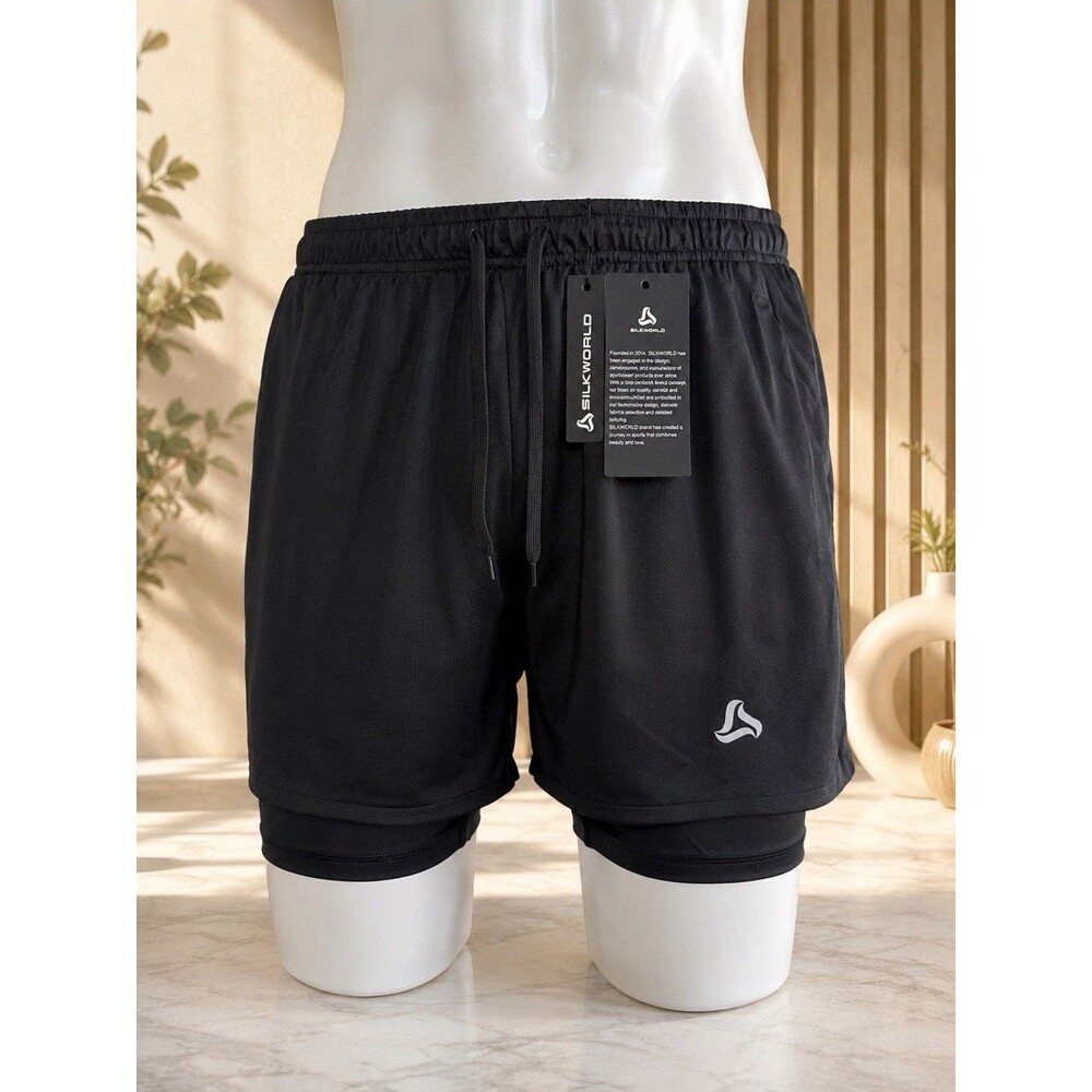 SILKWORLD Men's Black Athletic Shorts w/ Compression Liner 5" Gym Size M
